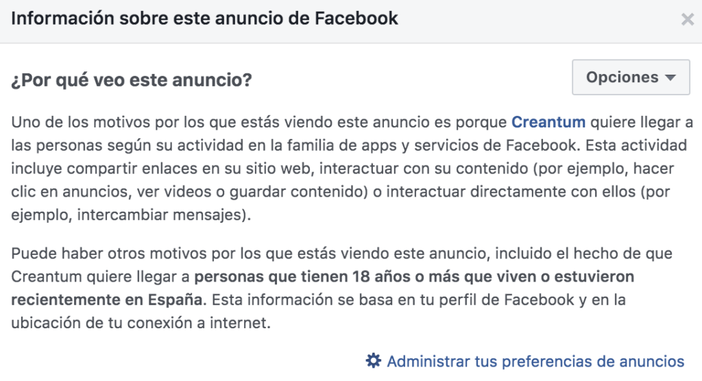 Por qué vemos anuncio en Facebook