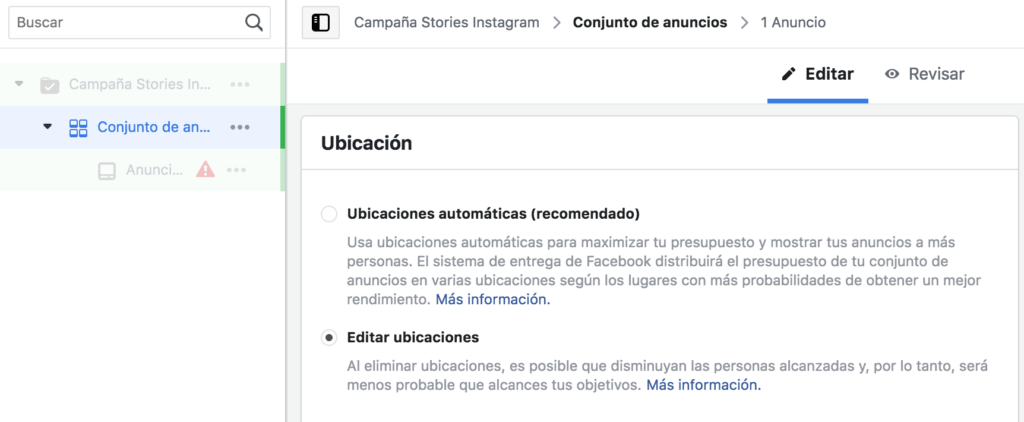 Editar ubicaciones Facebook Ads
