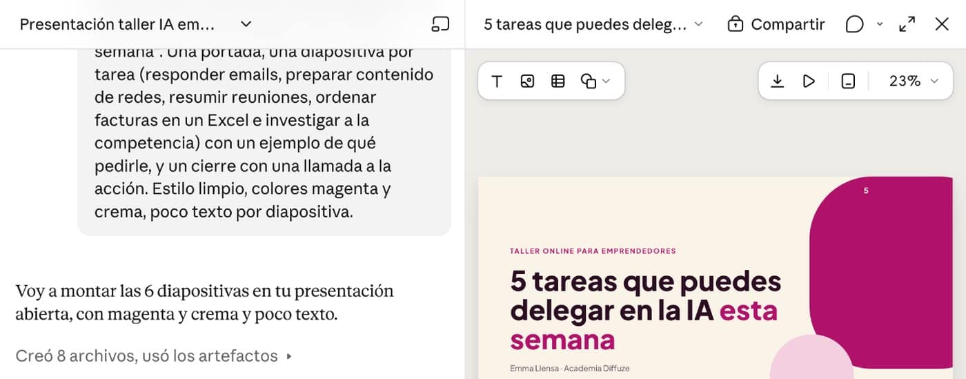 Un artefacto de Claude abierto al lado de la conversación