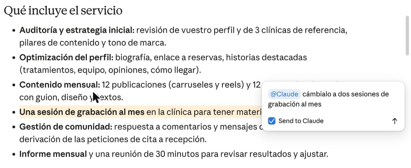 Comentario con mención a Claude en un documento de Claude Docs