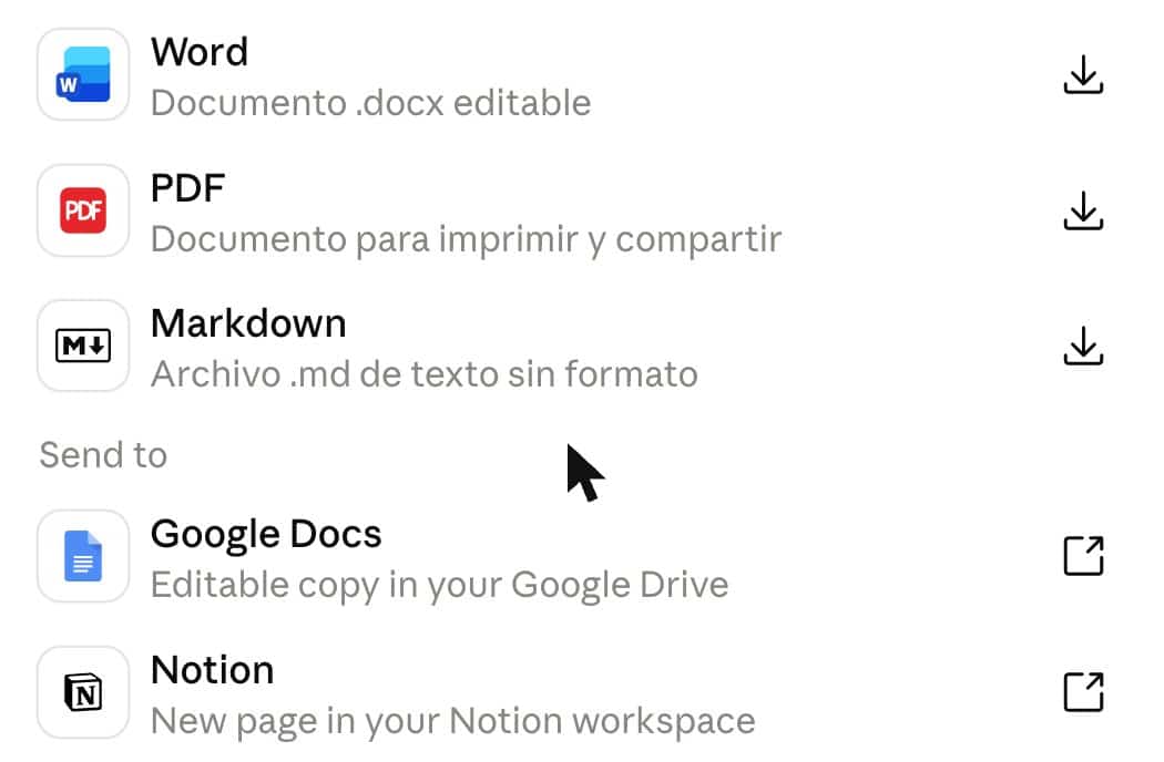 Opciones de exportación de Claude Docs: Word, PDF, Markdown y Google Docs