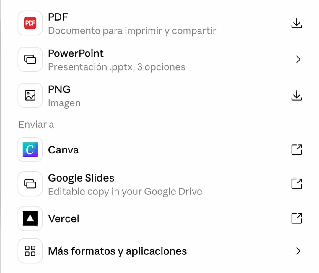 Opciones de exportación de una presentación de Claude: PDF, PowerPoint, Canva y Google Slides