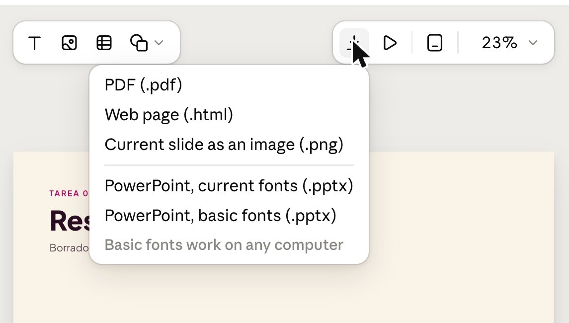 Menú de descarga de Claude Slides: PDF, HTML, PNG y PowerPoint