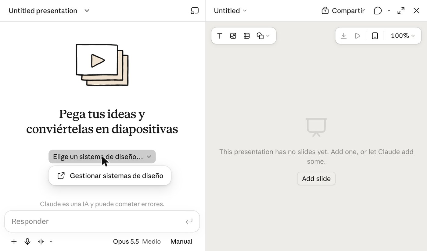 Nueva presentación en Claude Slides con el selector de sistema de diseño