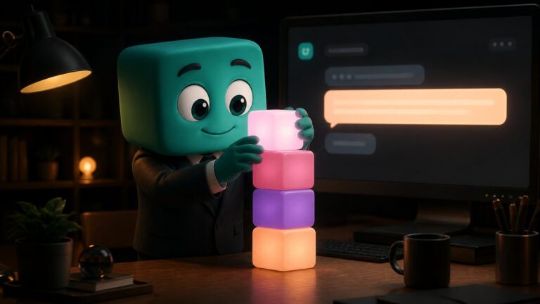Personaje 3D turquesa apilando cuatro bloques de colores frente a una pantalla con un chat