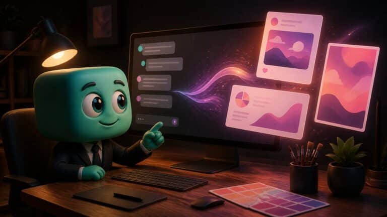 Personaje 3D turquesa en su escritorio convirtiendo una conversación de chat en diseños para redes y presentaciones