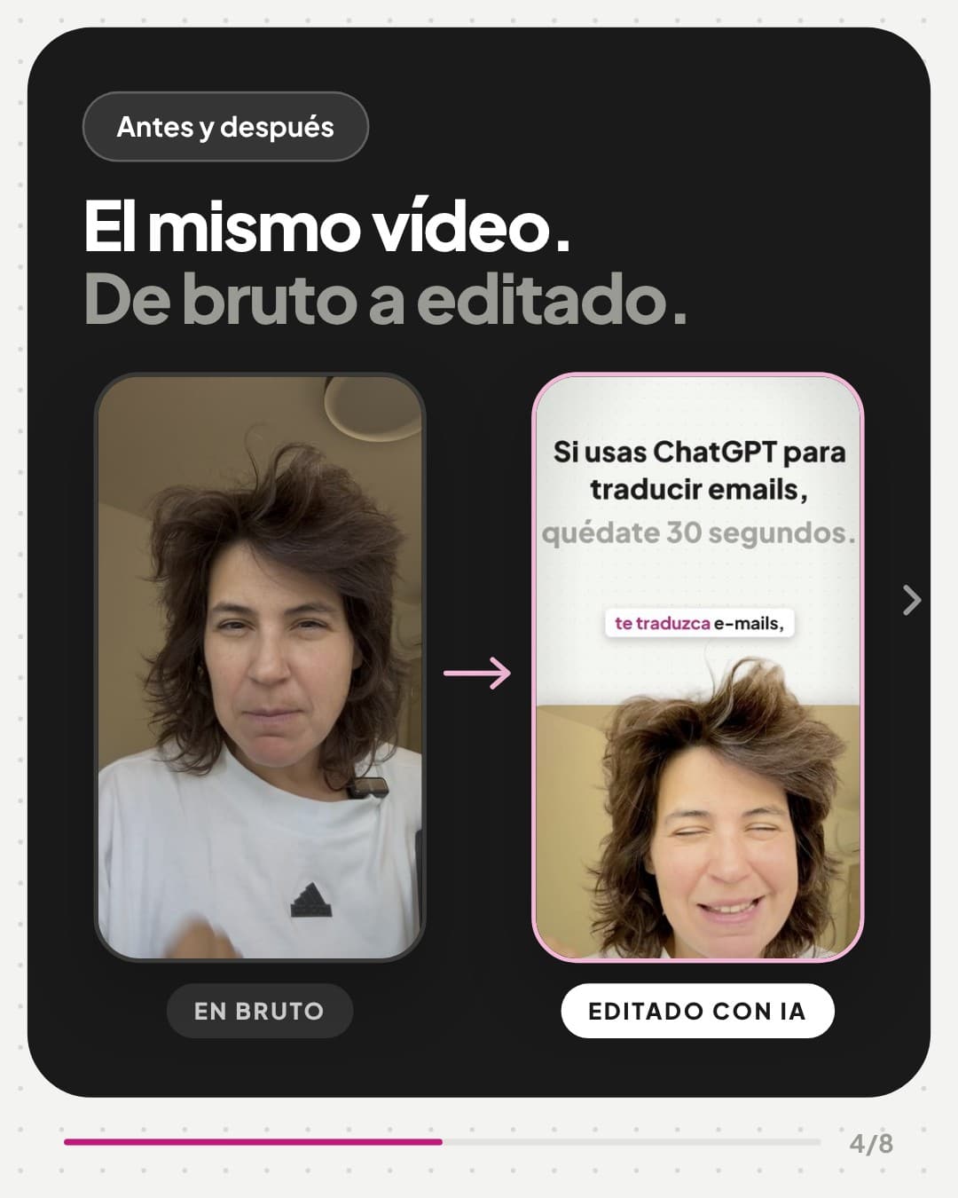Antes y después de un reel editado con IA: en bruto y editado con subtítulos